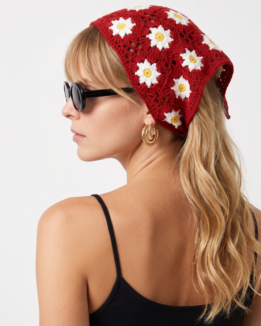 Red Daisy Crochet Triangle Scarf