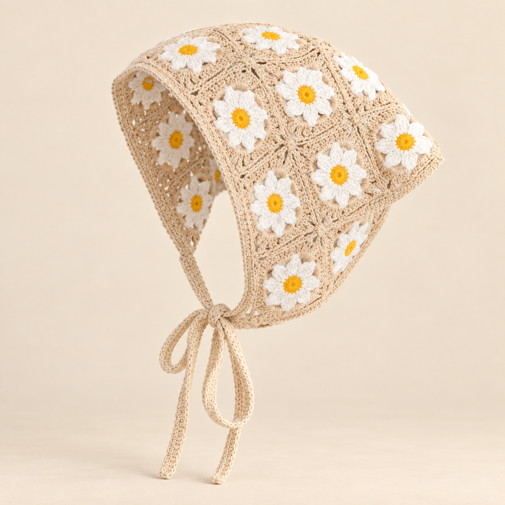 Beige Daisy Crochet Triangle Scarf