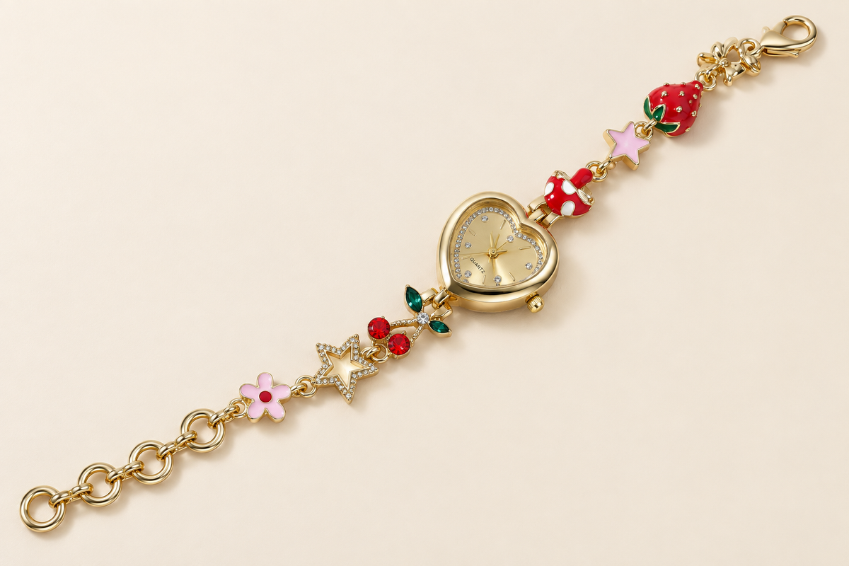 Cherry Floral Heart-Dial Bracelet Watch