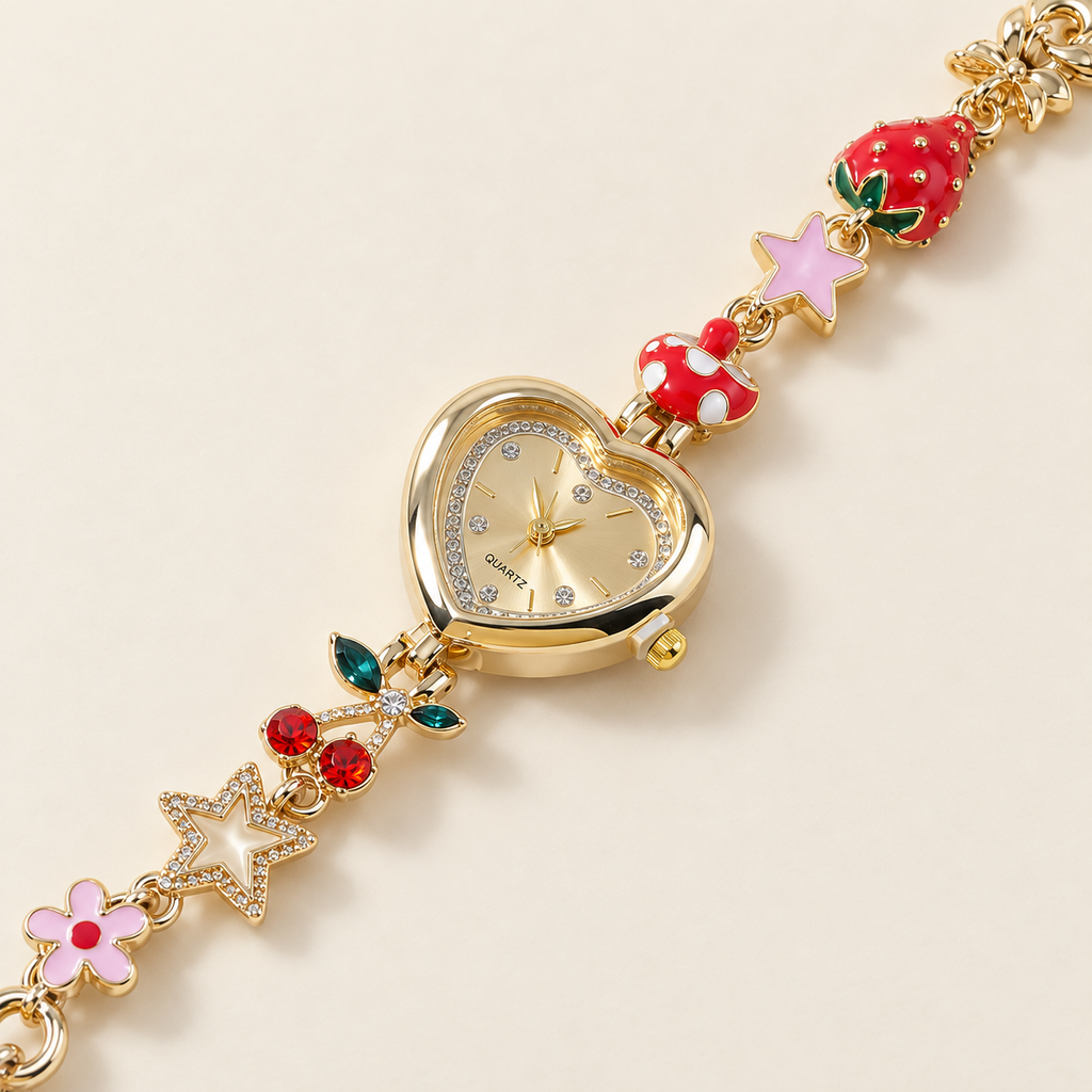 Cherry Floral Heart-Dial Bracelet Watch