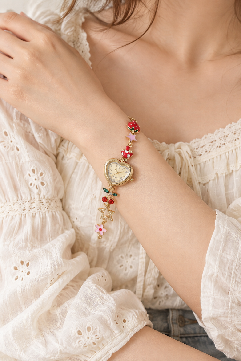 Cherry Floral Heart-Dial Bracelet Watch