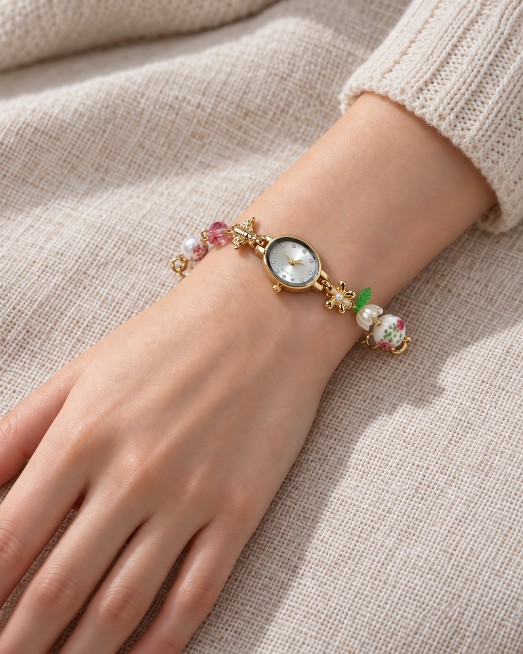 Pearl Flower Oval Bracelet Watch