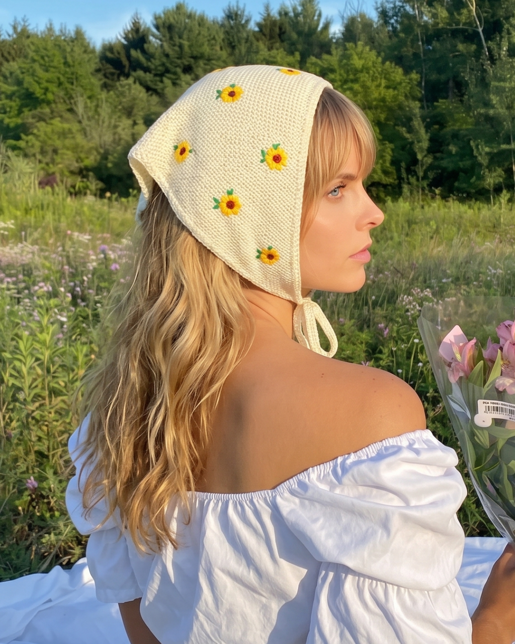 Cream Floral Knit Triangle Scarf