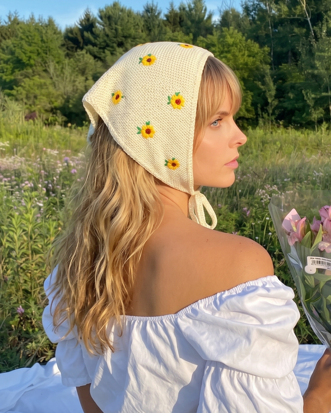 Cream Floral Knit Triangle Scarf